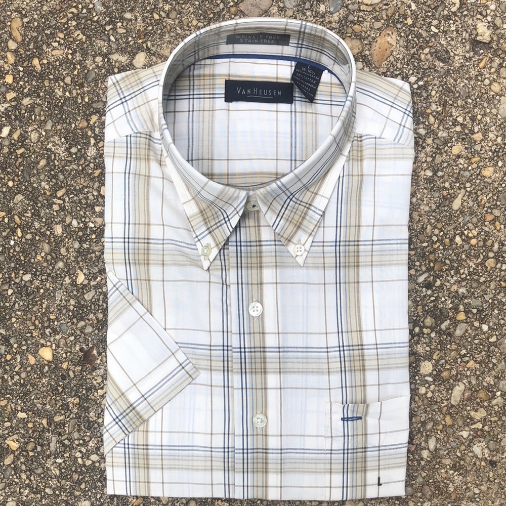 Van Heusen White and Blue Casual Button Down Shirt